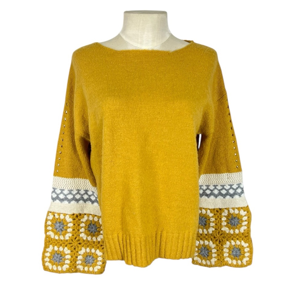 En Crème Gold Crochet Sleeve Turtleneck Sweater Size S/M granny square boho